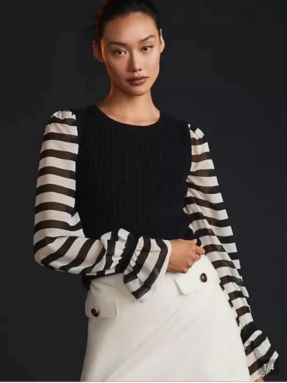 Maeve Anthropologie Women's Black Sheer Striped Puff Sleeve Cable Sweater SP
